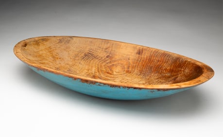 AMERICAN MAPLE AND BLUE-PAINTED TRENCHER WITH HANDLES.