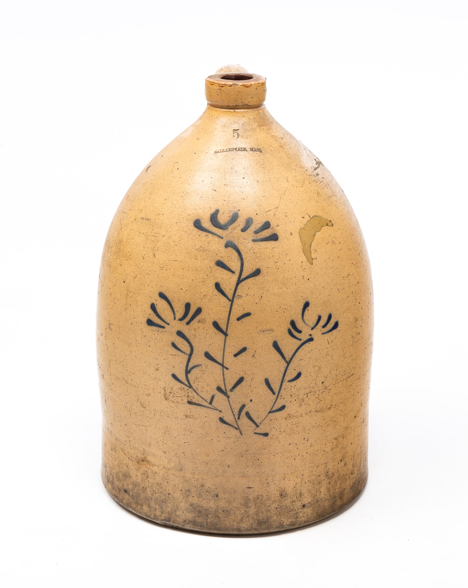 BALLARDVALE COBALT-DECORATED STONEWARE FIVE-GALLON JUG. (1 of 5)