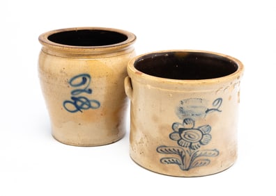 TWO AMERICAN COBALT-DECORATED STONEWARE TWO-GALLON CROCKS, INCL. J. BURGER (ROCHESTER, NEW YORK).