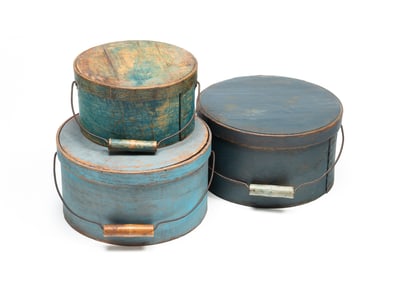 THREE AMERICAN BLUE-PAINTED BENTWOOD CARRIERS.