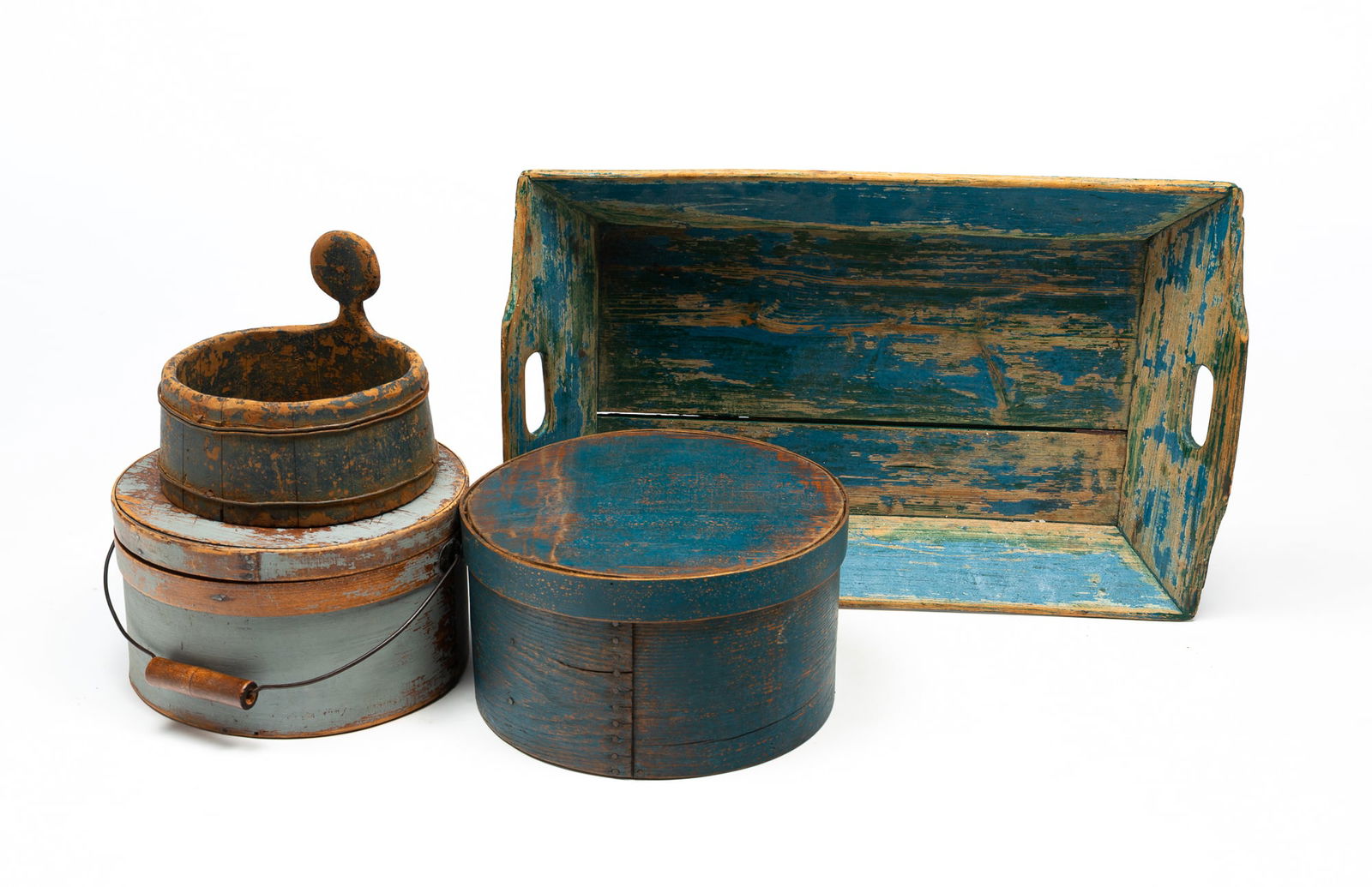 FOUR AMERICAN BLUE-PAINTED WOOD HOUSEHOLD ITEMS. (1 of 3)
