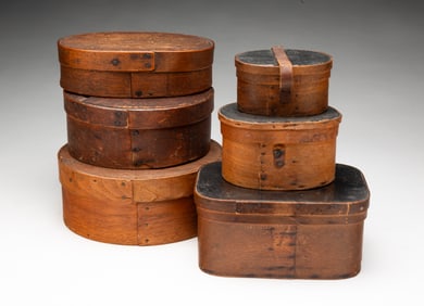 SIX AMERICAN BENTWOOD PANTRY BOXES.