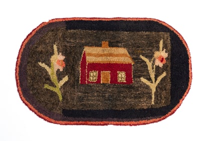 AMERICAN HOOKED RUG WITH HOUSE AND FLOWERS.
