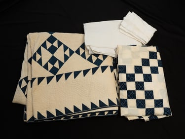 AMERICAN HAND-SEWN QUILT AND THREE MORE TEXTILES.