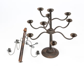 AMERICAN TIN CANDELABRA AND A HANGING CANDLE CHANDELIER.