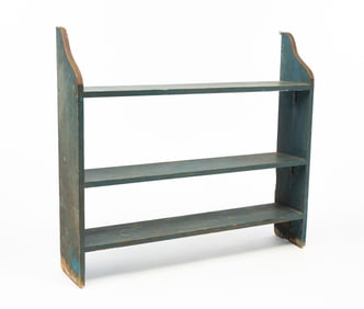AMERICAN BLUE-PAINTED PINE THREE-TIER HANGING SHELF.