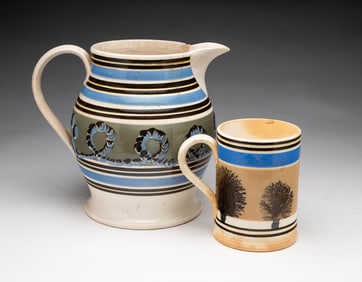 ENGLISH MOCHAWARE PITCHER AND MUG.