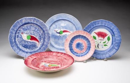 FIVE ENGLISH SPATTERWARE DISHES, INCL. ONE MARKED "ADAMS".