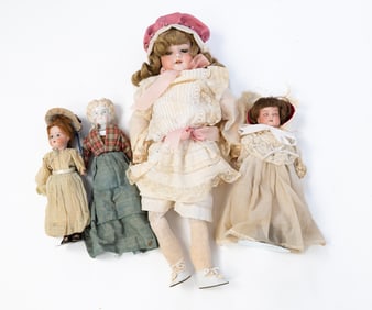 FOUR FRENCH AND GERMAN BISQUE-HEAD DOLLS, INCL. ARMAND MARSEILLE.