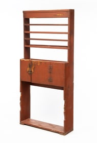 AMERICAN RED AND BLACK-PAINTED PINE OPEN PEWTER CUPBOARD.