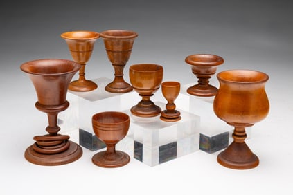 EIGHT AMERICAN TREENWARE CUPS AND WHIMSEYS.