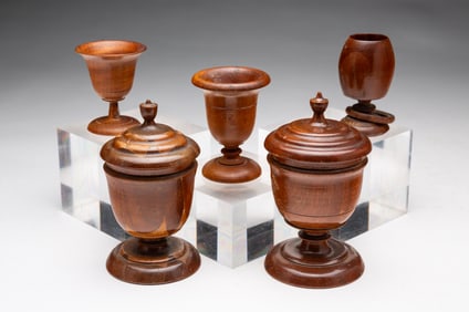 FIVE J.C. BROWN (PAINESVILLE, OHIO) TREENWARE VESSELS.