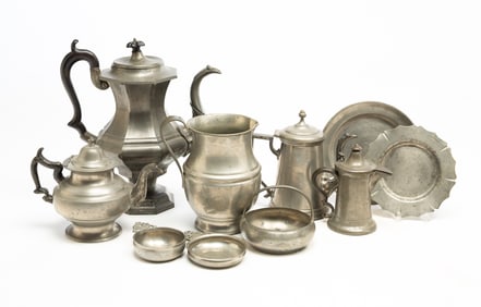 COLLECTION OF TEN AMERICAN PEWTER ITEMS.