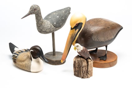 FOUR AMERICAN CARVED AND PAINTED BIRD DECOYS, INCL. WOODEN WILDLIFE (KENNEBUNK, MAINE).