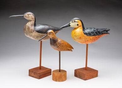 THREE AMERICAN CARVED AND PAINTED SHOREBIRD DECOYS.
