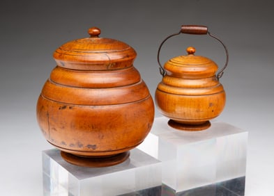 TWO AMERICAN TREENWARE LIDDED JARS.