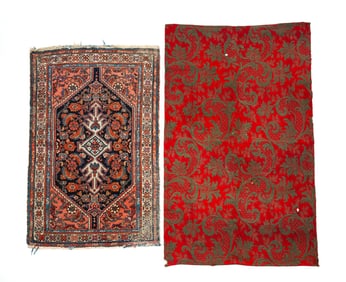 PERSIAN WOOL SCATTER RUG AND AMERICAN INGRAIN CARPET.