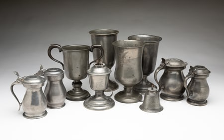 COLLECTION OF VARIOUS PEWTER ITEMS, INCL. WHALE OIL LAMP.