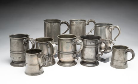 NINE ENGLISH PEWTER TAVERN MEASURES, INCL. JAMES YATES.