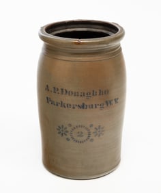 A.P. DONAGHHO (PARKERSBURG, WEST VIRGINIA) COBALT-DECORATED TWO-GALLON STONEWARE JAR.