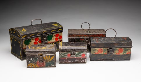 FIVE AMERICAN TOLE DOME TOP BOXES.