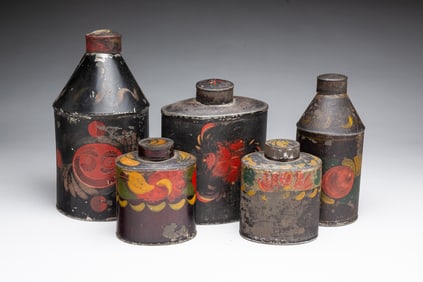 FIVE AMERICAN TOLE TEA JARS.