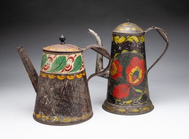 TWO AMERICAN TOLE COFFEE POTS.
