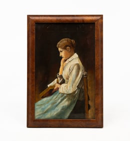 AMERICAN SCHOOL OIL ON CANVAS PORTRAIT OF A SEATED LADY.