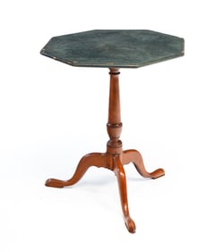 FEDERAL PINE, CHERRY, AND GREEN-PAINTED OCTAGONAL TOP CANDLESTAND.