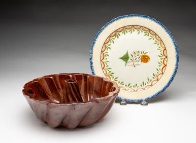 LEEDSWARE FEATHER-EDGE PLATE AND REDWARE FOOD MOLD.
