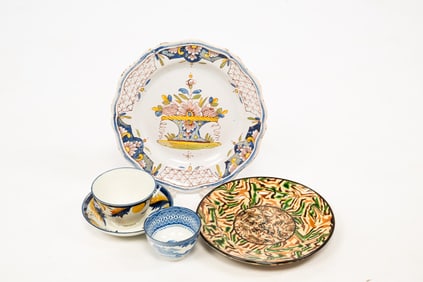 GROUP OF EUROPEAN CERAMICS, INCL. FAIENCE PLATE.