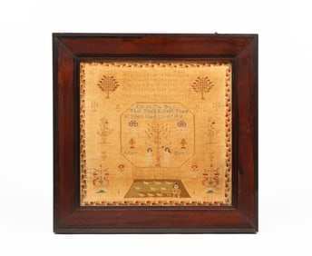 AMERICAN ADAM AND EVE NEEDLEWORK SAMPLER, DATED 1820.