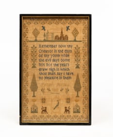 SARAH MORRIS (ENGLISH) NEEDLEWORK SAMPLER, DATED 1859.