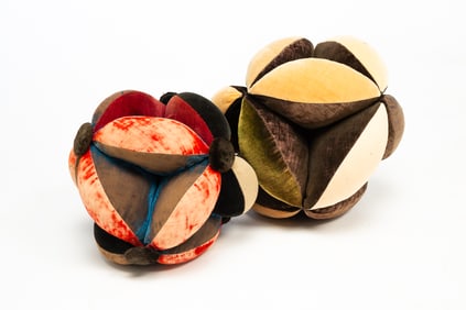 TWO LARGE AMERICAN VELVET SEWING BALL PIN CUSHIONS.