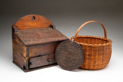 AMERICAN BIRCH AND TIGER MAPLE WALL BOX, SPLINT-WOVEN BASKET, AND COOKIE PRESS.