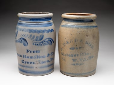 TWO AMERICAN COBALT-STENCILED STONEWARE JARS, INCL. JAMES HAMILTON & CO. AND A. DARE & SON.