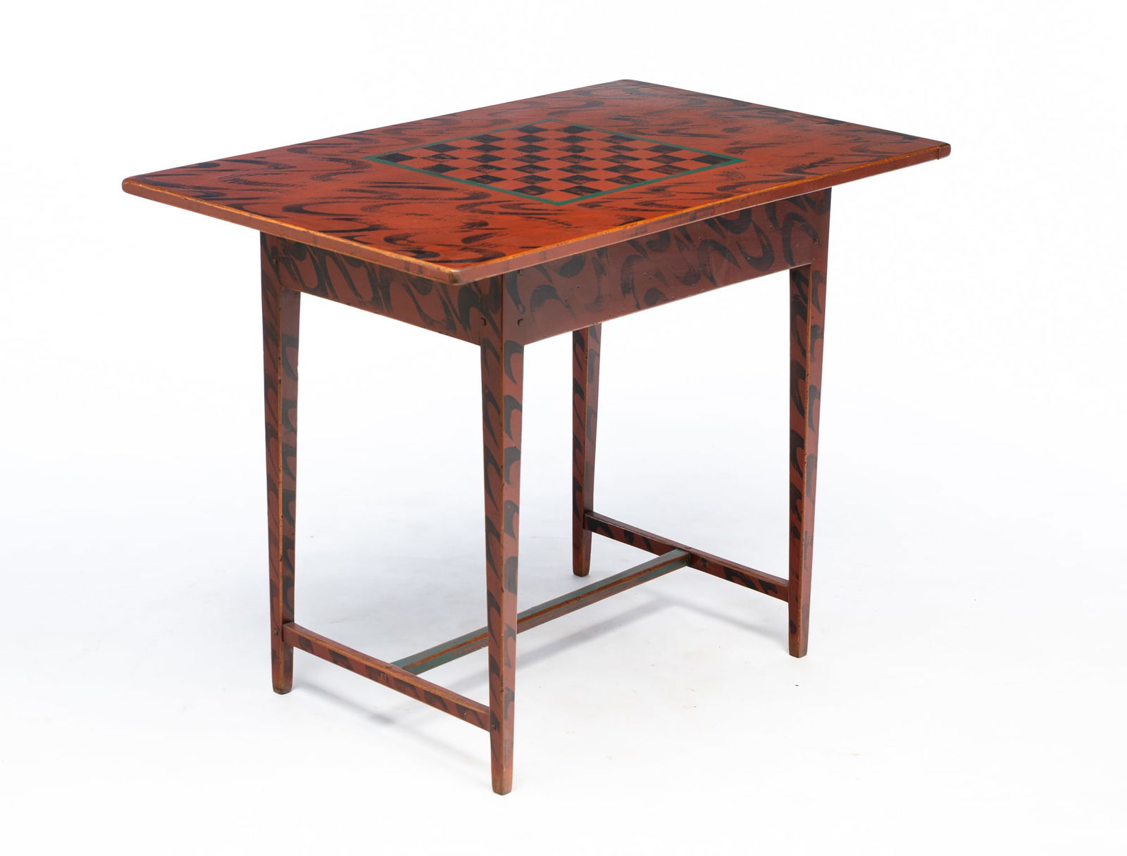 DAVID T. SMITH & CO. (MORROW, OHIO) HEPPLEWHITE STYLE PAINT-DECORATED POPLAR GAMES TABLE.: American, late 20th Century. One-board top with breadboard ends and painted gameboard. Base with slender tapered legs joined by H stretcher having pegged construction. Paint-decorated all over in blac