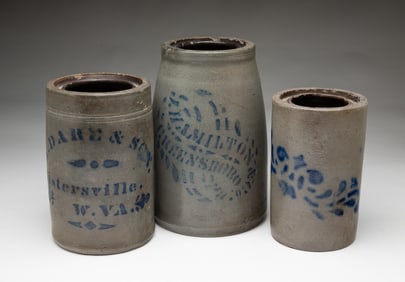 THREE AMERICAN COBALT-STENCILED STONEWARE CANNING JARS, INCL. J. HAMILTON & CO. AND A. DARE & SON.