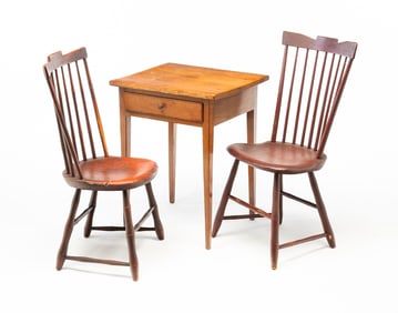 AMERICAN HEPPLEWHITE CHERRY STAND WITH TWO RED-PAINTED WINDSOR SIDE CHAIRS.