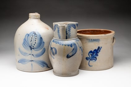 THREE AMERICAN COBALT-DECORATED STONEWARE VESSELS, INCL. E. & L.P. NORTON (BENNINGTON, VERMONT).