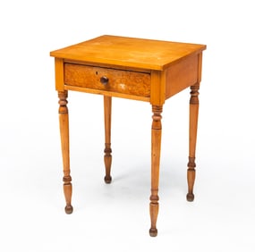 AMERICAN SHERATON PINE AND BIRD'S-EYE MAPLE ONE-DRAWER STAND.