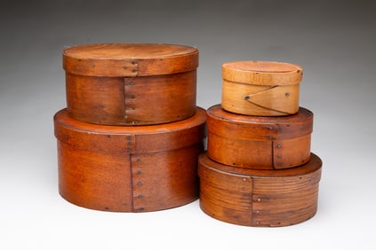 FIVE GRADUATED BENTWOOD PANTRY BOXES.