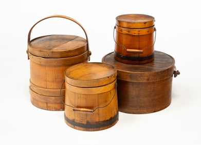 THREE AMERICAN STAVED AND FINGER-LAPPED FIRKINS AND A BENTWOOD CARRIER.
