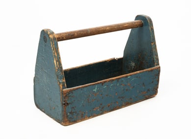 WISCONSIN BLUE-PAINTED AND STENCILED PINE AND POPLAR TOOL CARRIER.