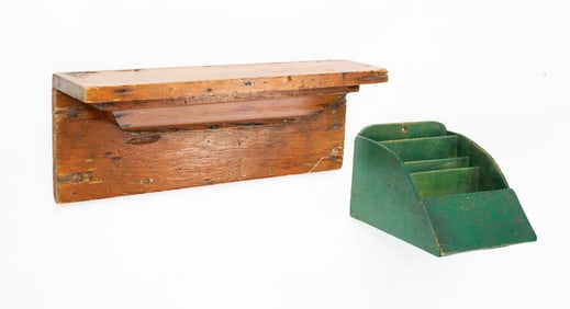 AMERICAN GREEN-PAINTED PINE WALL BOX PLUS A PINE WALL SHELF.