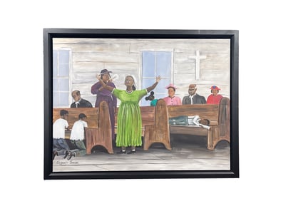 EUGENE SWAIN (MADISON, GEORGIA, 1960-2021) OIL ON CANVAS INTERIOR CHURCH SCENE.