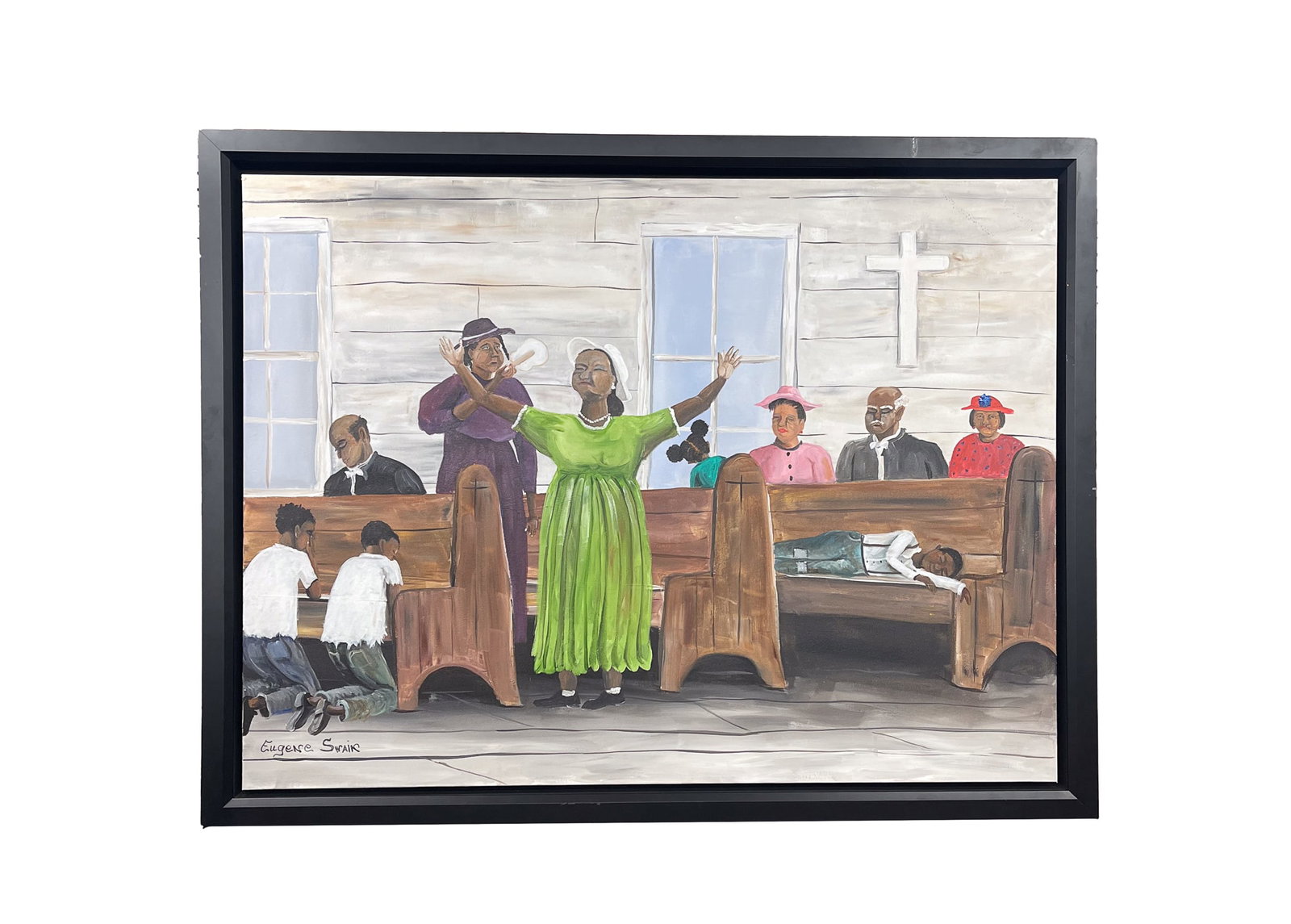 EUGENE SWAIN (MADISON, GEORGIA, 1960-2021) OIL ON CANVAS INTERIOR CHURCH SCENE.: 20th Century. African American church with parishioners in pews and standing, two young boys on their knees praying and one young boy sleeping on a pew. 36"h. 48"w. Framed, 40.25"h. 52.25"w.