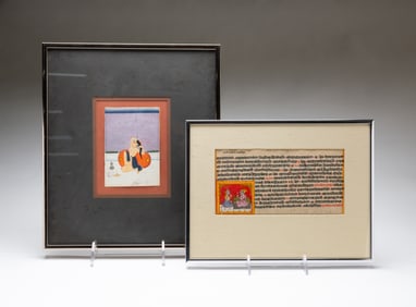 INDIAN SCHOOL MANUSCRIPT AND MINIATURE PORTRAIT OF A WOMAN.