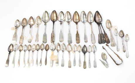 COLLECTION OF AMERICAN COIN SILVER FLATWARE.