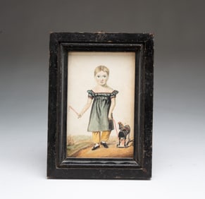MINIATURE AMERICAN SCHOOL FOLK ART WATERCOLOR PORTRAIT OF A BOY WITH PULL TOY.